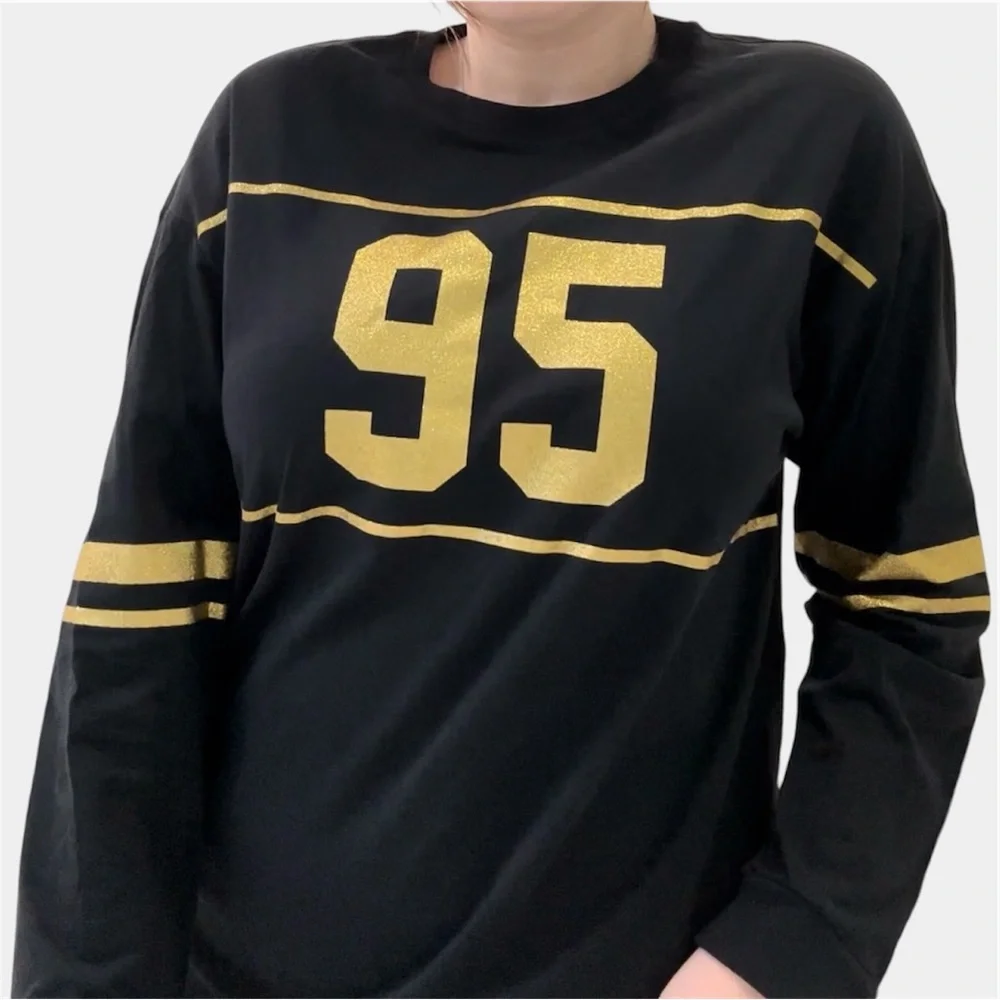TOPSHOP Black and Gold 95 Long Sleeve Sports Jersey Style Crewneck - Picture 2 of 5